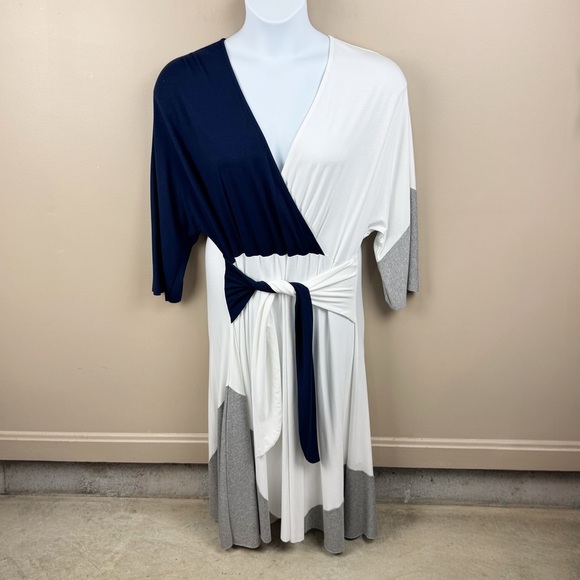 ASOS Curve White, Blue & Gray Colorblock Tie Waist Dress Size 16 - Picture 2 of 11